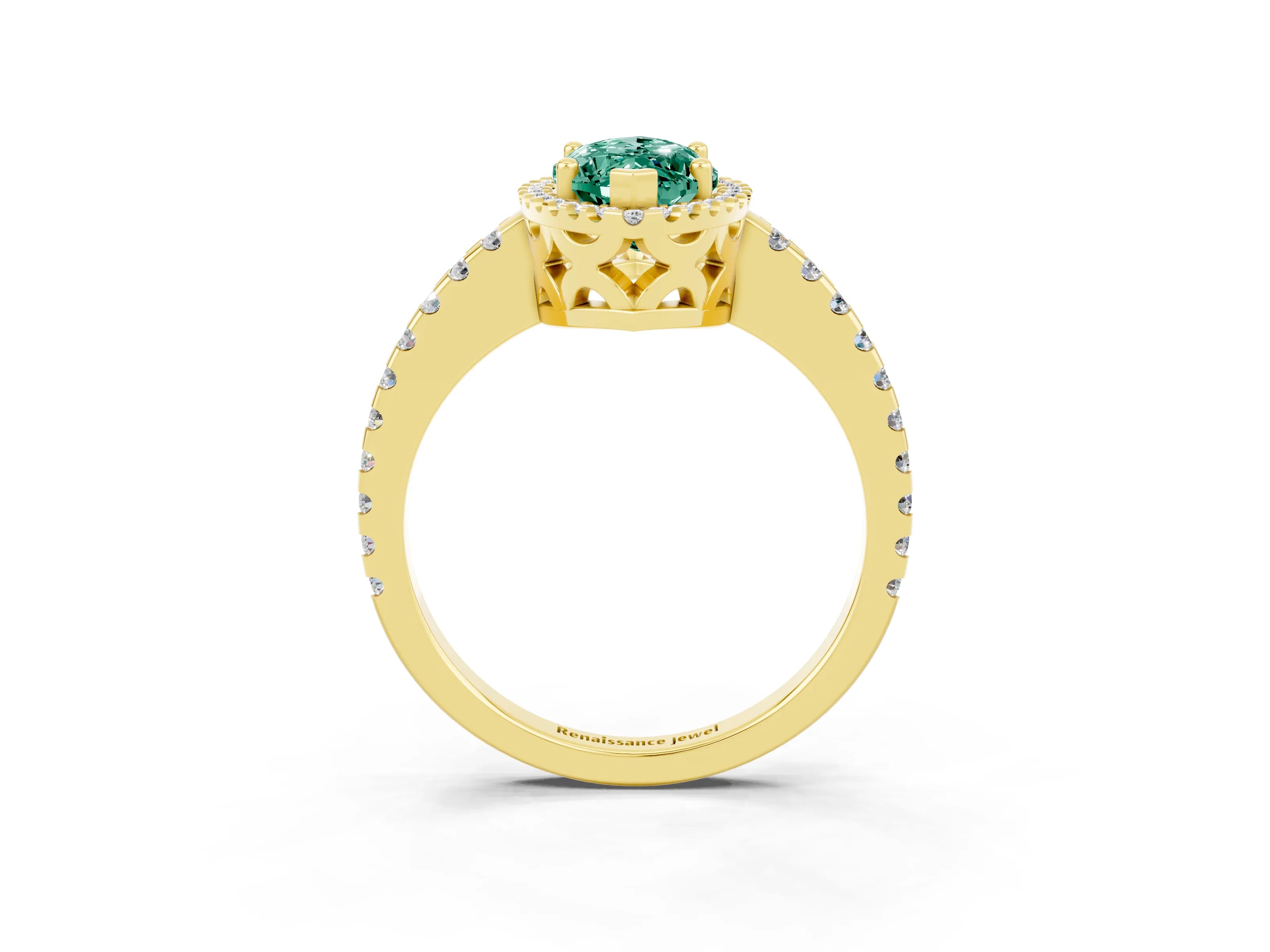 Yellow gold Marquise Cut Green Sapphire Halo Engagement Ring with Pavé Band and Prong Setting_15