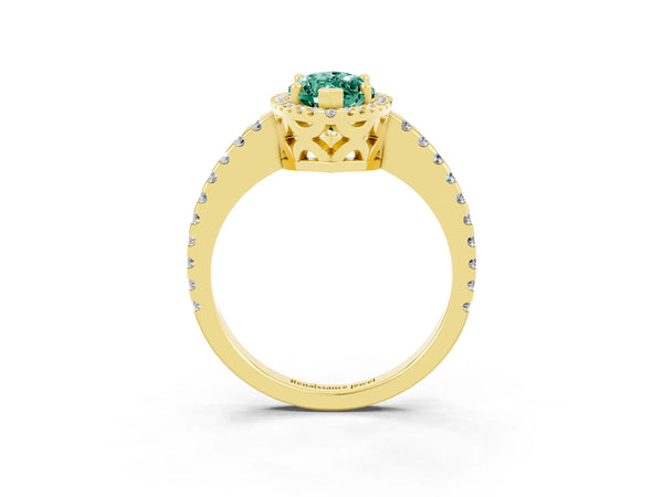 Yellow gold Marquise Cut Green Sapphire Halo Engagement Ring with Pavé Band and Prong Setting