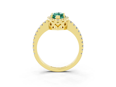 Yellow gold Marquise Cut Green Sapphire Halo Engagement Ring with Pavé Band and Prong Setting_15