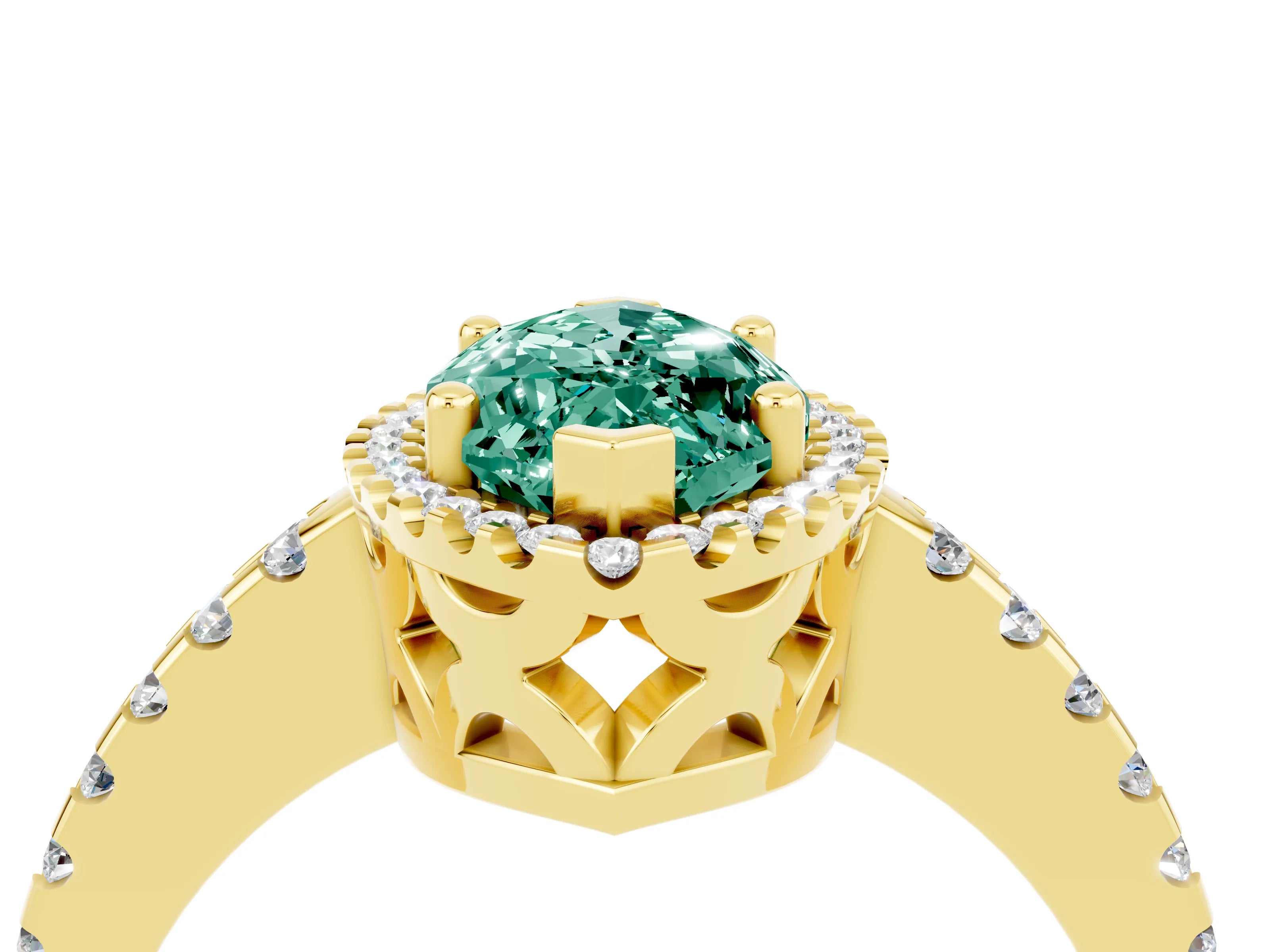 Yellow gold Marquise Cut Green Sapphire Halo Engagement Ring with Pavé Band and Prong Setting_16