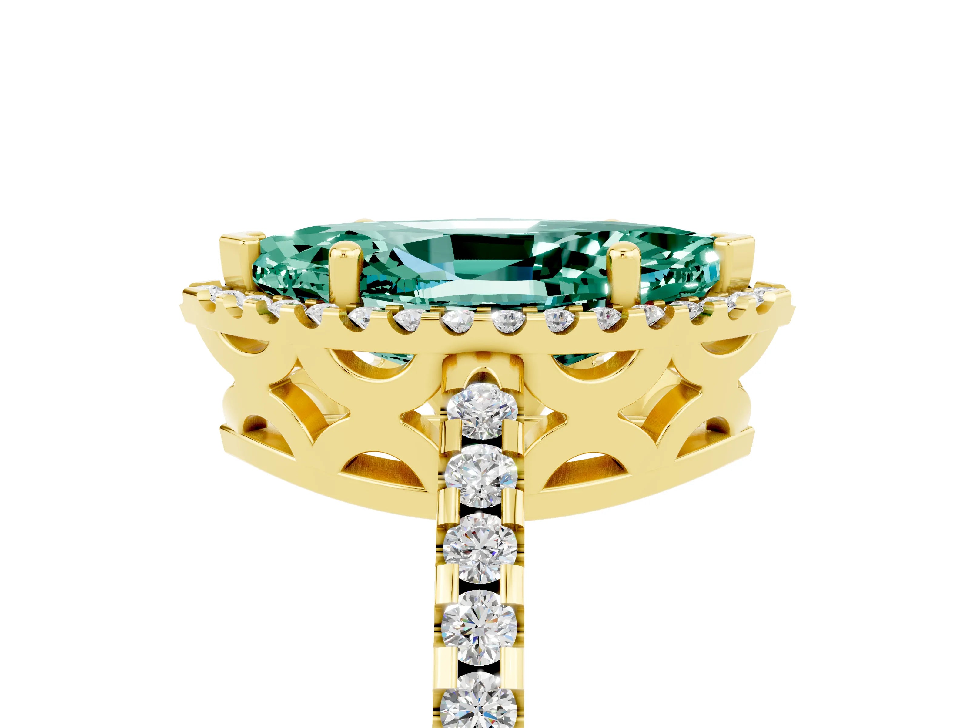 Yellow gold Marquise Cut Green Sapphire Halo Engagement Ring with Pavé Band and Prong Setting_17