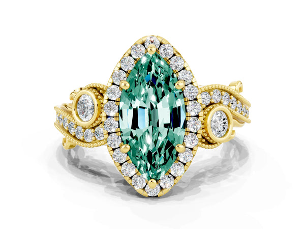 Yellow gold Marquise Cut Green Sapphire Halo Ring with Milgrain Pavé Band and Four-Prong Setting