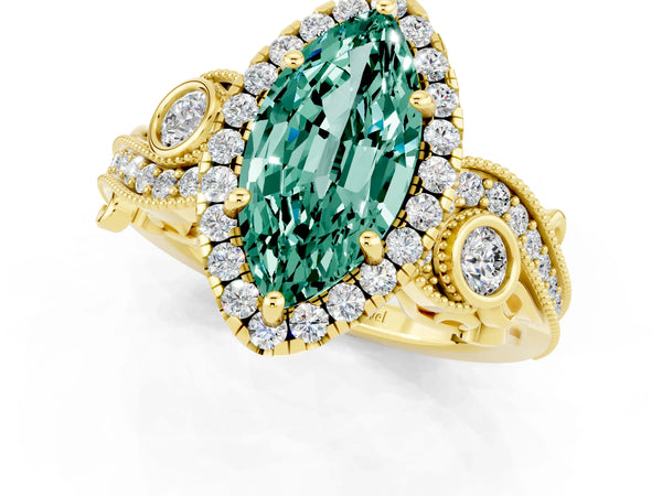 Yellow gold Marquise Cut Green Sapphire Halo Ring with Milgrain Pavé Band and Four-Prong Setting