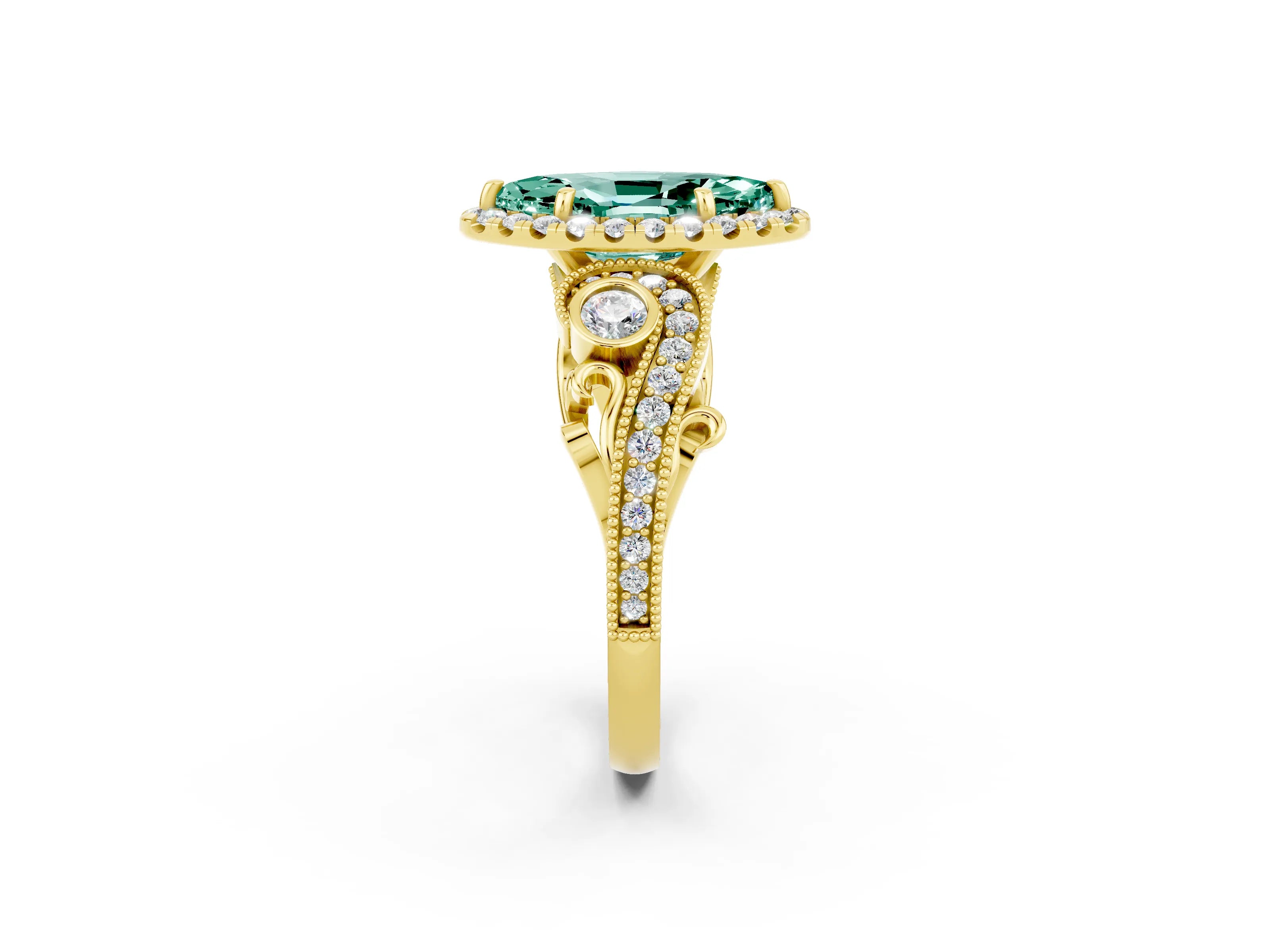 Yellow gold Marquise Cut Green Sapphire Halo Ring with Milgrain Pavé Band and Four-Prong Setting_14
