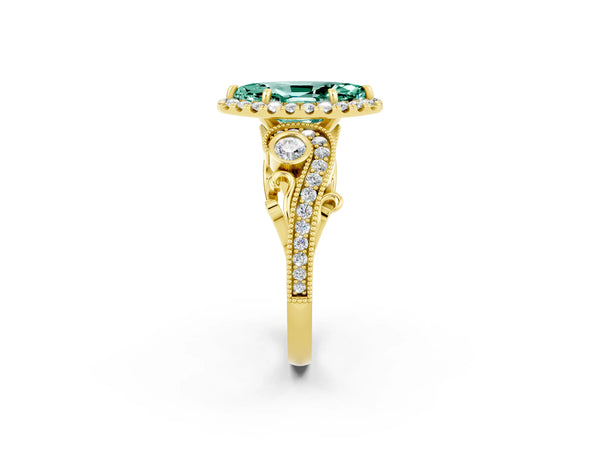 Yellow gold Marquise Cut Green Sapphire Halo Ring with Milgrain Pavé Band and Four-Prong Setting