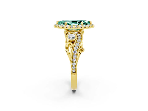 Yellow gold Marquise Cut Green Sapphire Halo Ring with Milgrain Pavé Band and Four-Prong Setting_14