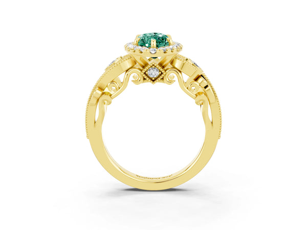 Yellow gold Marquise Cut Green Sapphire Halo Ring with Milgrain Pavé Band and Four-Prong Setting