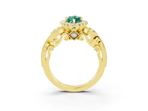 Yellow gold Marquise Cut Green Sapphire Halo Ring with Milgrain Pavé Band and Four-Prong Setting_15
