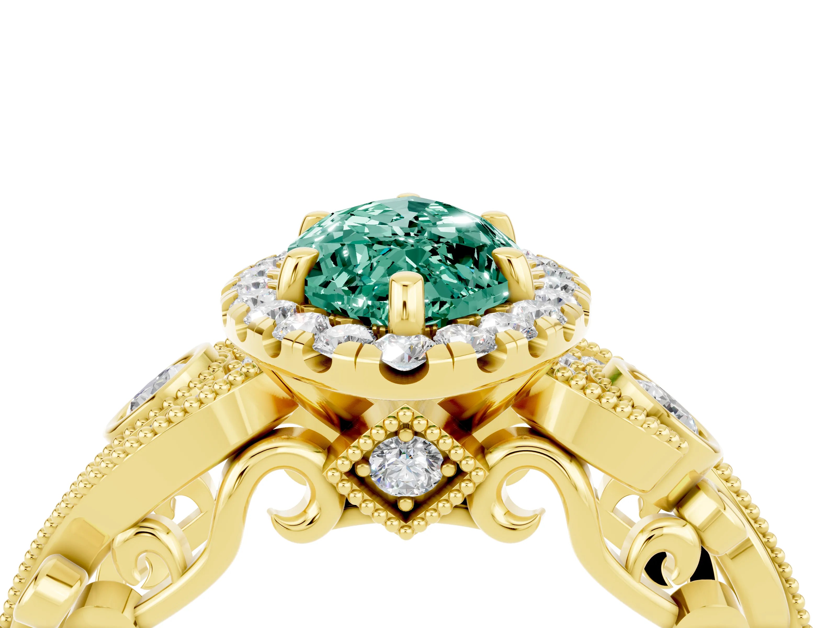 Yellow gold Marquise Cut Green Sapphire Halo Ring with Milgrain Pavé Band and Four-Prong Setting_16