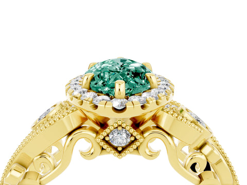Yellow gold Marquise Cut Green Sapphire Halo Ring with Milgrain Pavé Band and Four-Prong Setting_16
