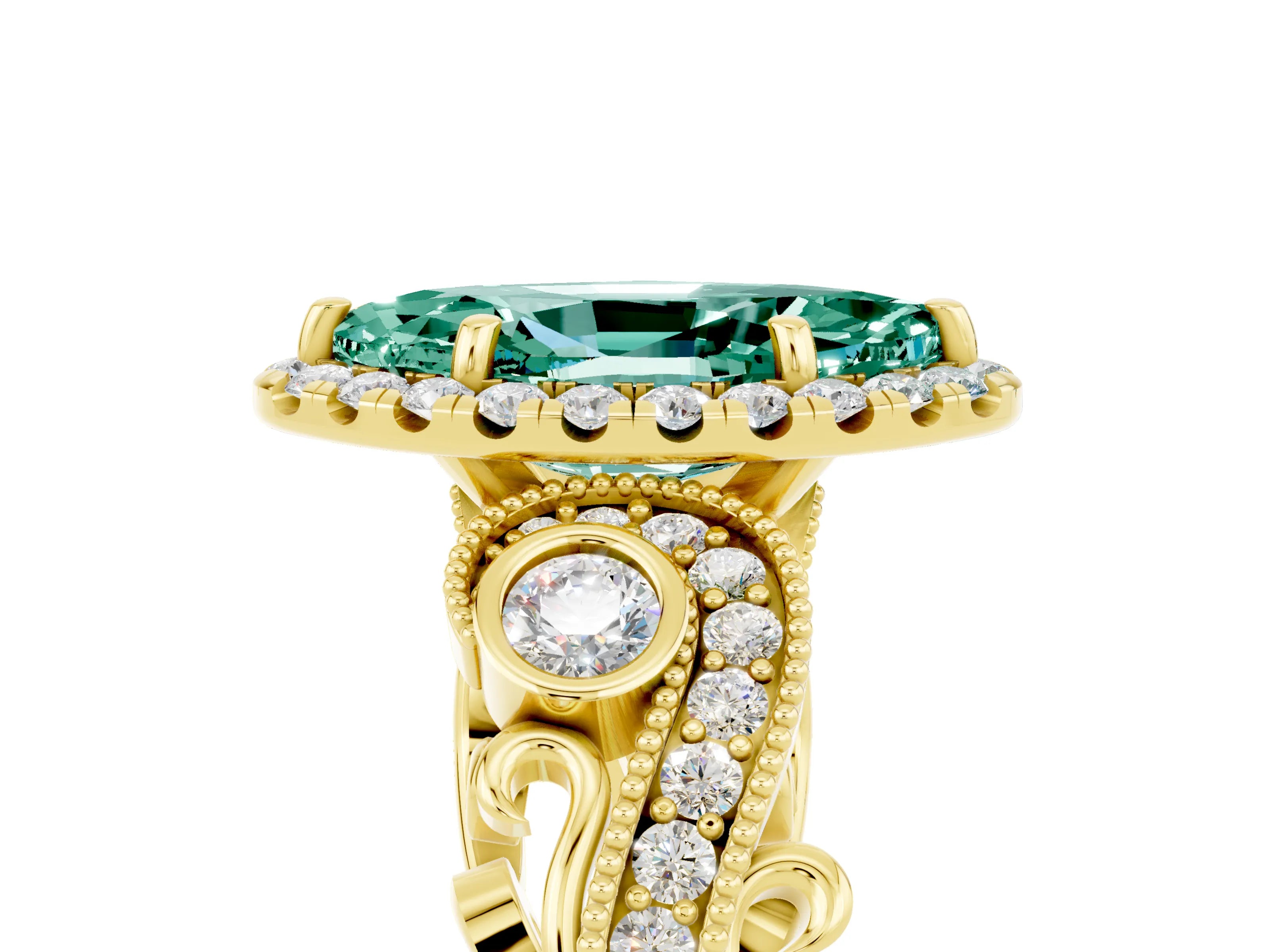 Yellow gold Marquise Cut Green Sapphire Halo Ring with Milgrain Pavé Band and Four-Prong Setting_17