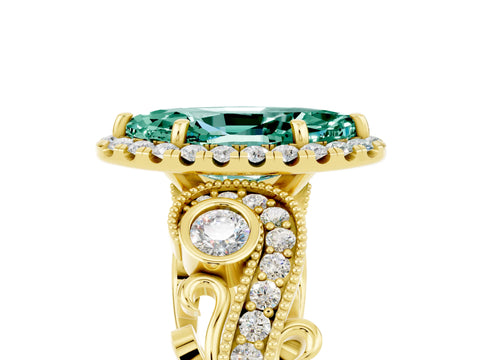 Yellow gold Marquise Cut Green Sapphire Halo Ring with Milgrain Pavé Band and Four-Prong Setting_17