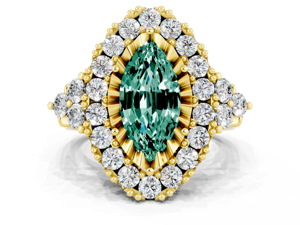 Yellow gold Marquise Cut Green Sapphire Halo Ring with Pavé Band and Four-Prong Setting