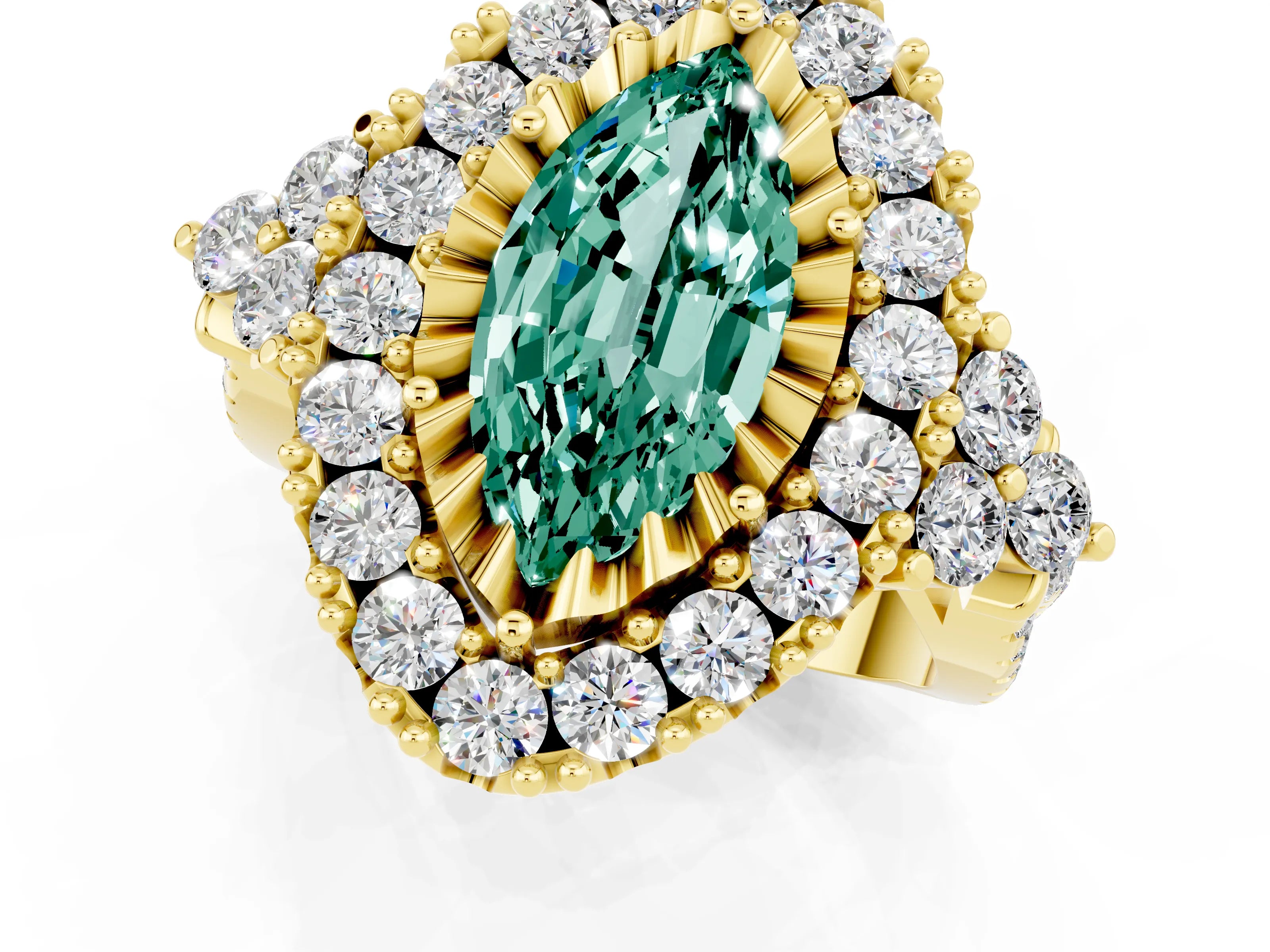 Yellow gold Marquise Cut Green Sapphire Halo Ring with Pavé Band and Four-Prong Setting_13