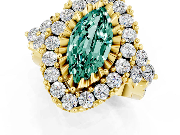 Yellow gold Marquise Cut Green Sapphire Halo Ring with Pavé Band and Four-Prong Setting
