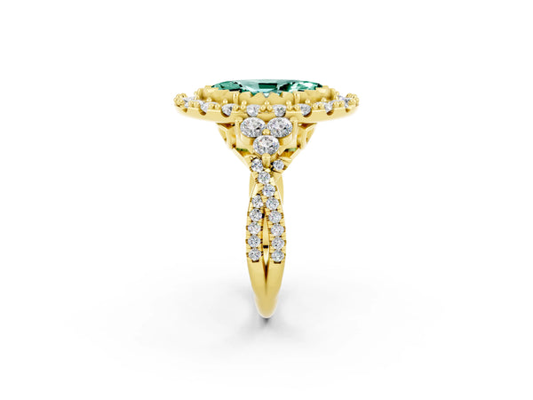 Yellow gold Marquise Cut Green Sapphire Halo Ring with Pavé Band and Four-Prong Setting