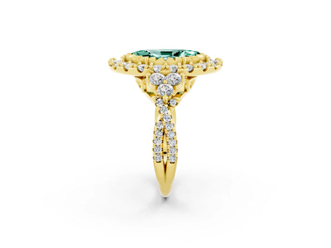 Yellow gold Marquise Cut Green Sapphire Halo Ring with Pavé Band and Four-Prong Setting_14