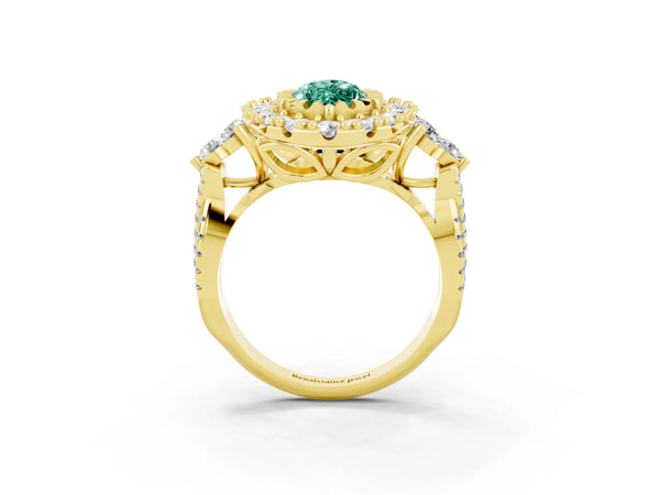 Yellow gold Marquise Cut Green Sapphire Halo Ring with Pavé Band and Four-Prong Setting
