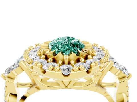 Yellow gold Marquise Cut Green Sapphire Halo Ring with Pavé Band and Four-Prong Setting_16