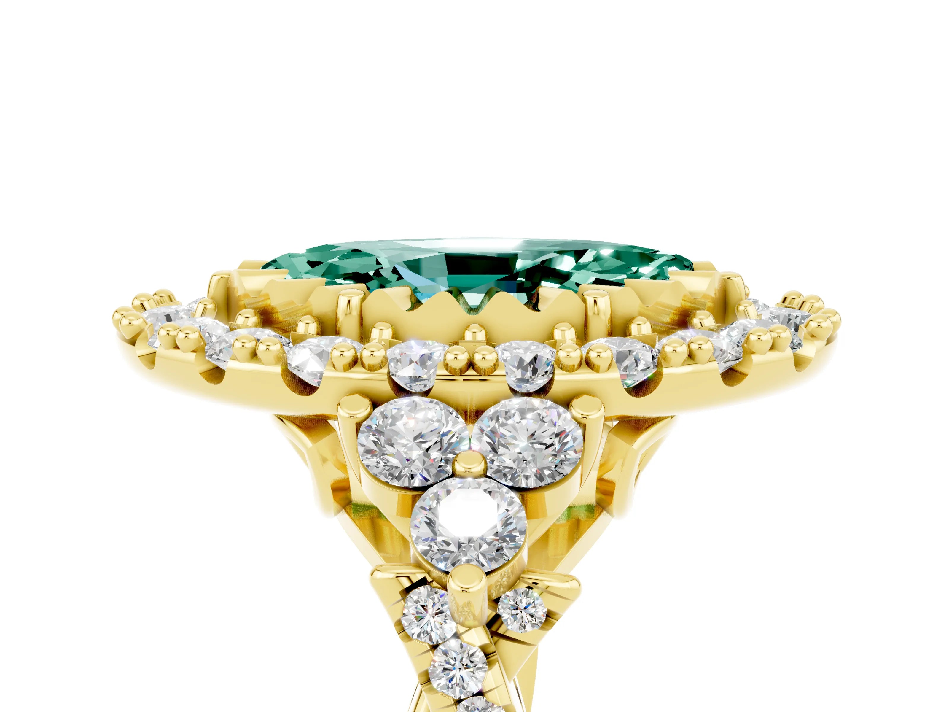 Yellow gold Marquise Cut Green Sapphire Halo Ring with Pavé Band and Four-Prong Setting_17