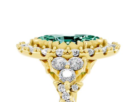 Yellow gold Marquise Cut Green Sapphire Halo Ring with Pavé Band and Four-Prong Setting_17