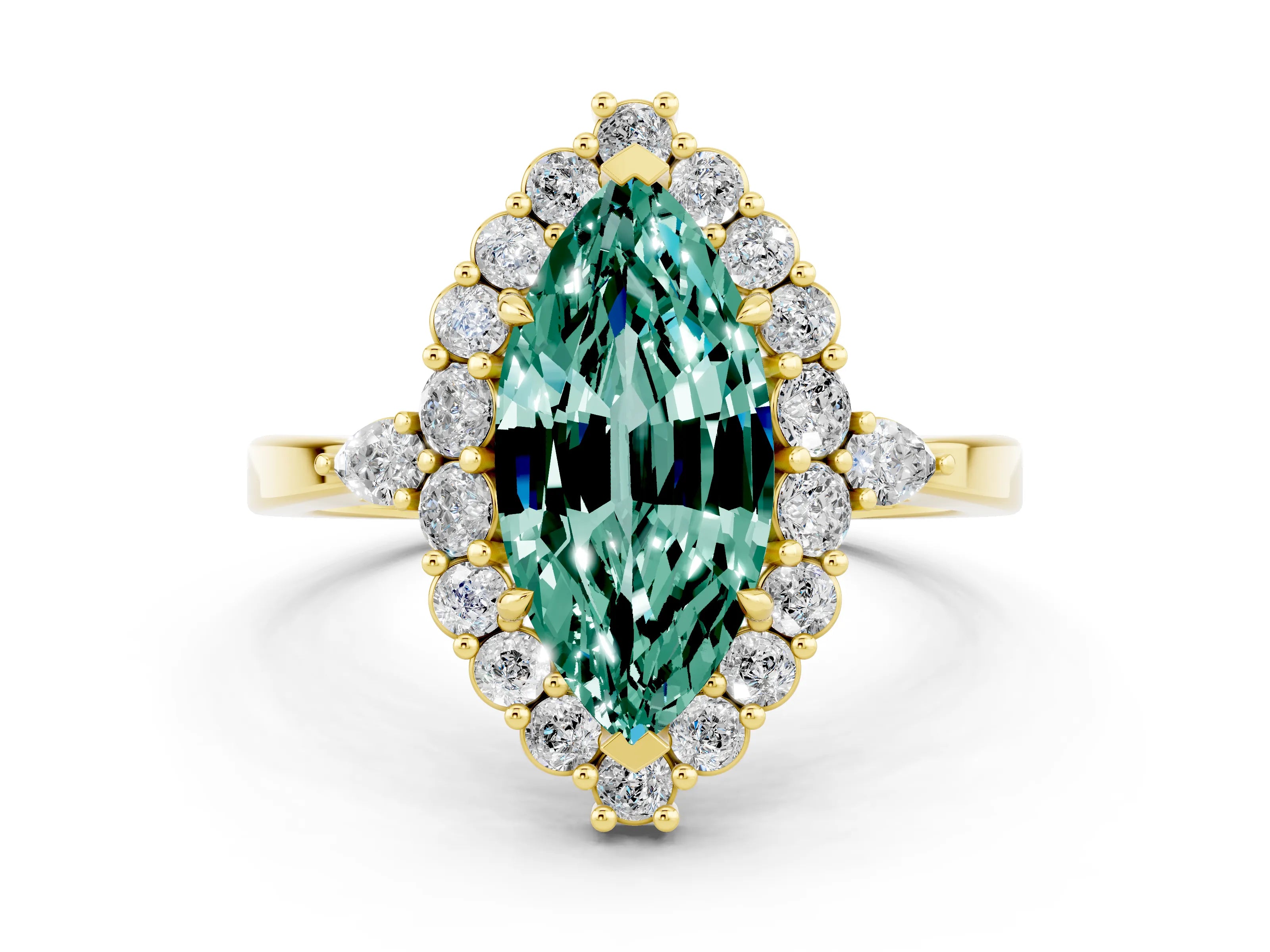 Yellow gold Marquise Cut Green Sapphire Halo Ring with Pear Side Stones and Prong Setting_12