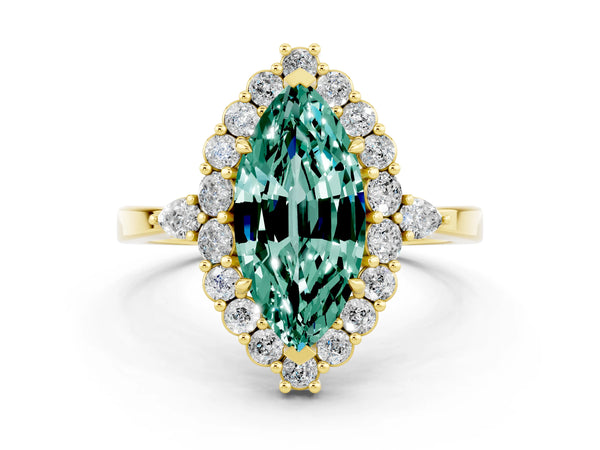 Yellow gold Marquise Cut Green Sapphire Halo Ring with Pear Side Stones and Prong Setting