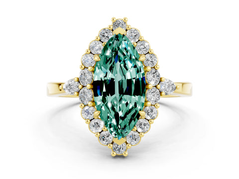 Yellow gold Marquise Cut Green Sapphire Halo Ring with Pear Side Stones and Prong Setting_12