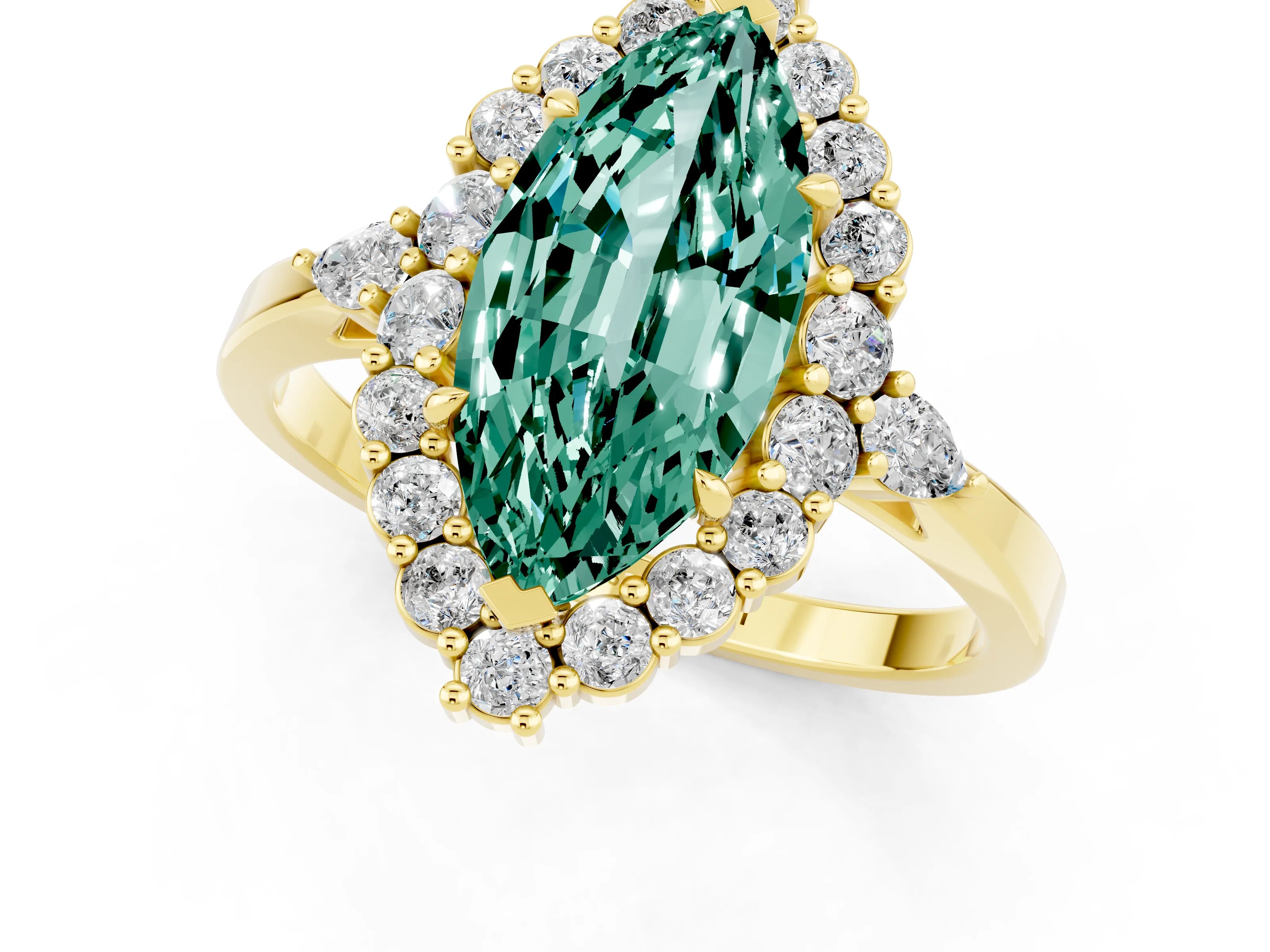Yellow gold Marquise Cut Green Sapphire Halo Ring with Pear Side Stones and Prong Setting_13