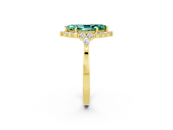 Yellow gold Marquise Cut Green Sapphire Halo Ring with Pear Side Stones and Prong Setting