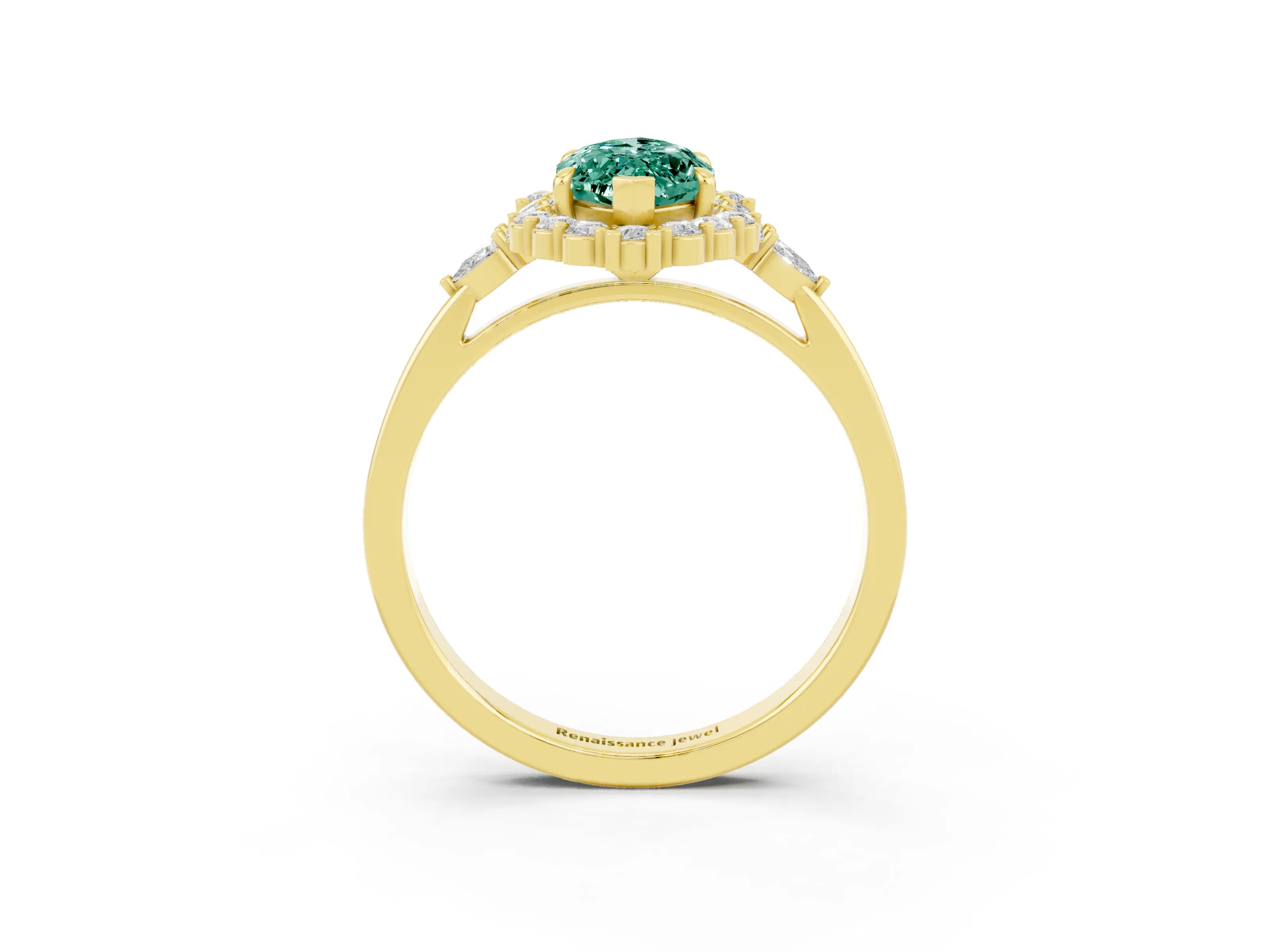 Yellow gold Marquise Cut Green Sapphire Halo Ring with Pear Side Stones and Prong Setting_15