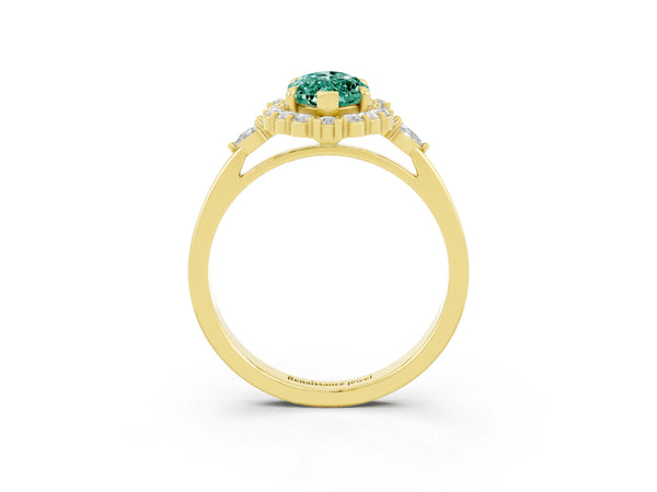 Yellow gold Marquise Cut Green Sapphire Halo Ring with Pear Side Stones and Prong Setting