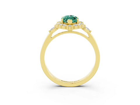 Yellow gold Marquise Cut Green Sapphire Halo Ring with Pear Side Stones and Prong Setting_15