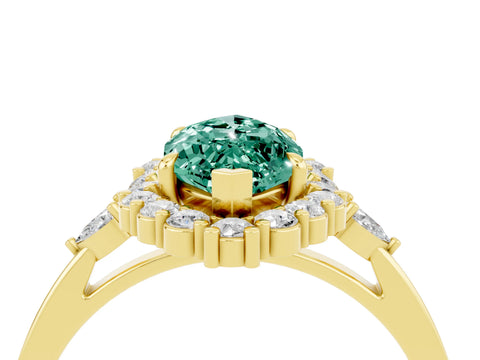 Yellow gold Marquise Cut Green Sapphire Halo Ring with Pear Side Stones and Prong Setting_16