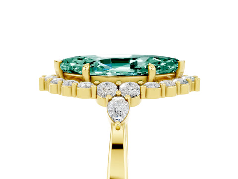 Yellow gold Marquise Cut Green Sapphire Halo Ring with Pear Side Stones and Prong Setting_17