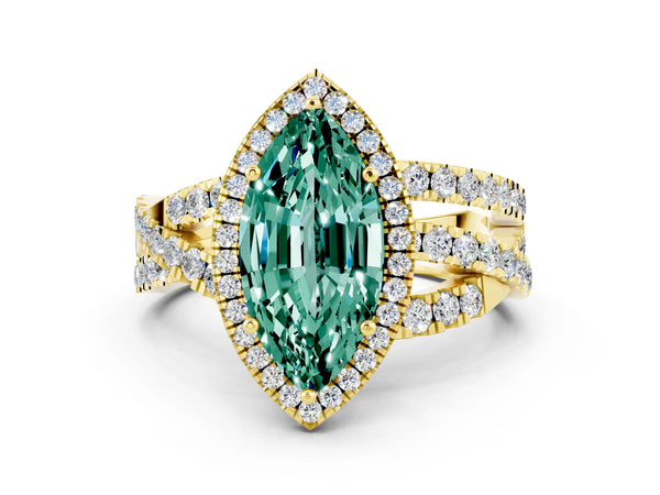 Yellow gold Marquise Cut Green Sapphire Halo Ring with Round Split Shank and Prong Setting