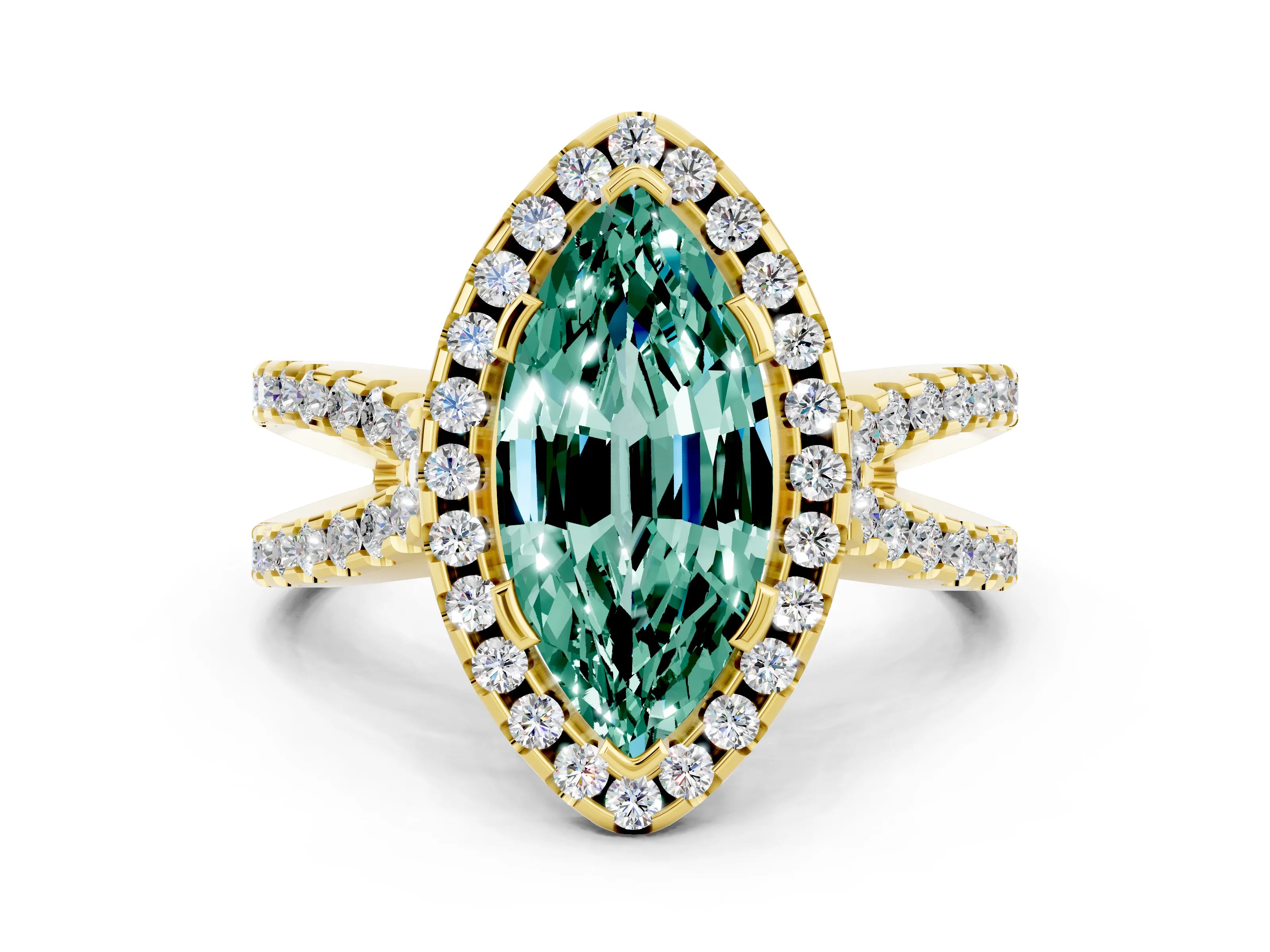 Yellow gold Marquise Cut Green Sapphire Halo Ring with Split Shank Pavé Band and Prong Setting