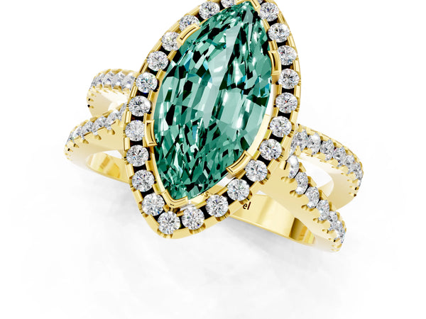 Yellow gold Marquise Cut Green Sapphire Halo Ring with Split Shank Pavé Band and Prong Setting