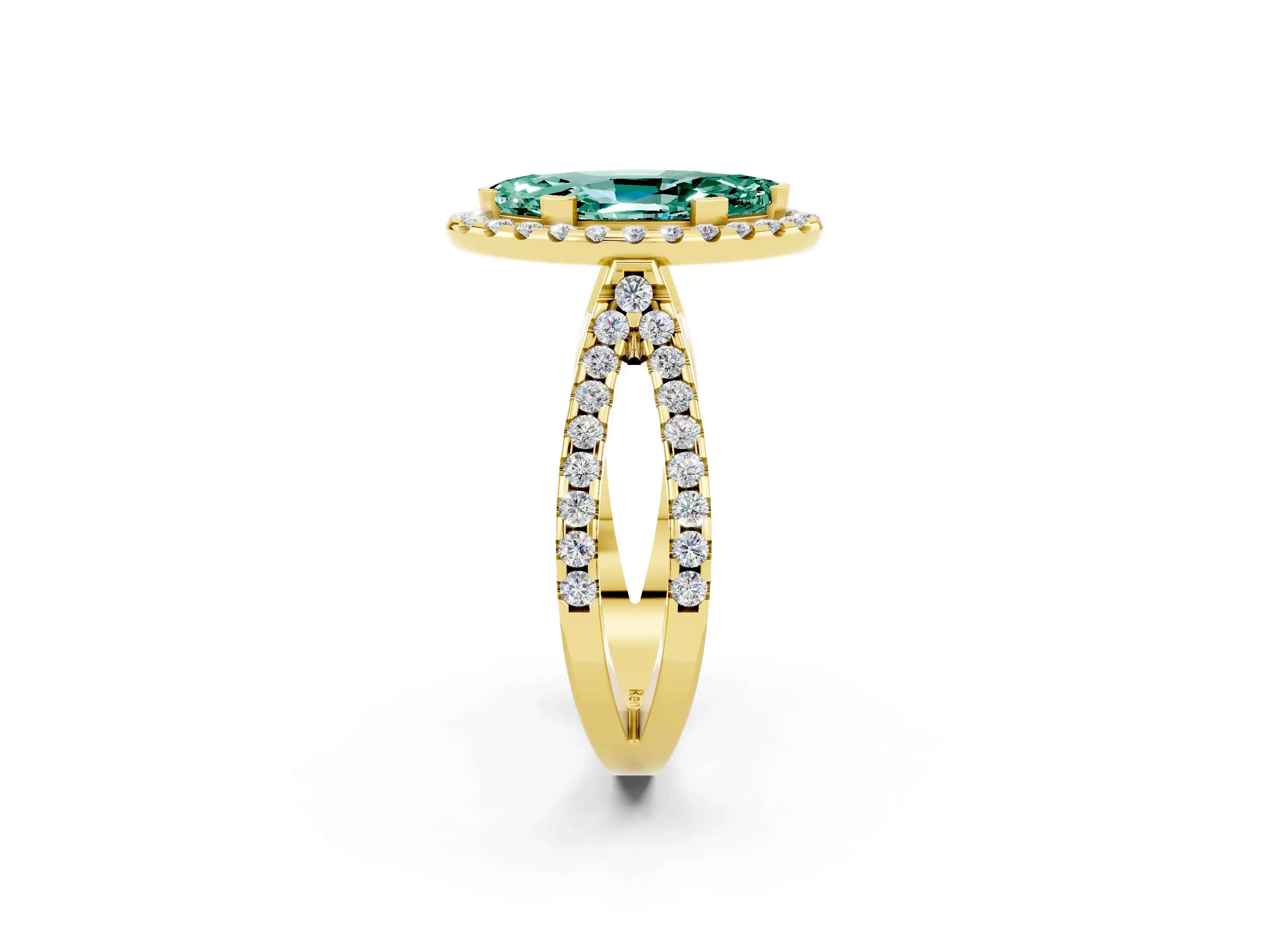 Yellow gold Marquise Cut Green Sapphire Halo Ring with Split Shank Pavé Band and Prong Setting_2