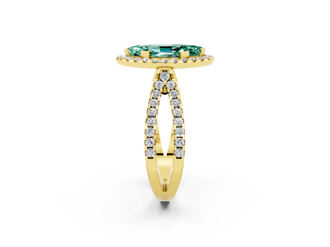 Yellow gold Marquise Cut Green Sapphire Halo Ring with Split Shank Pavé Band and Prong Setting_2