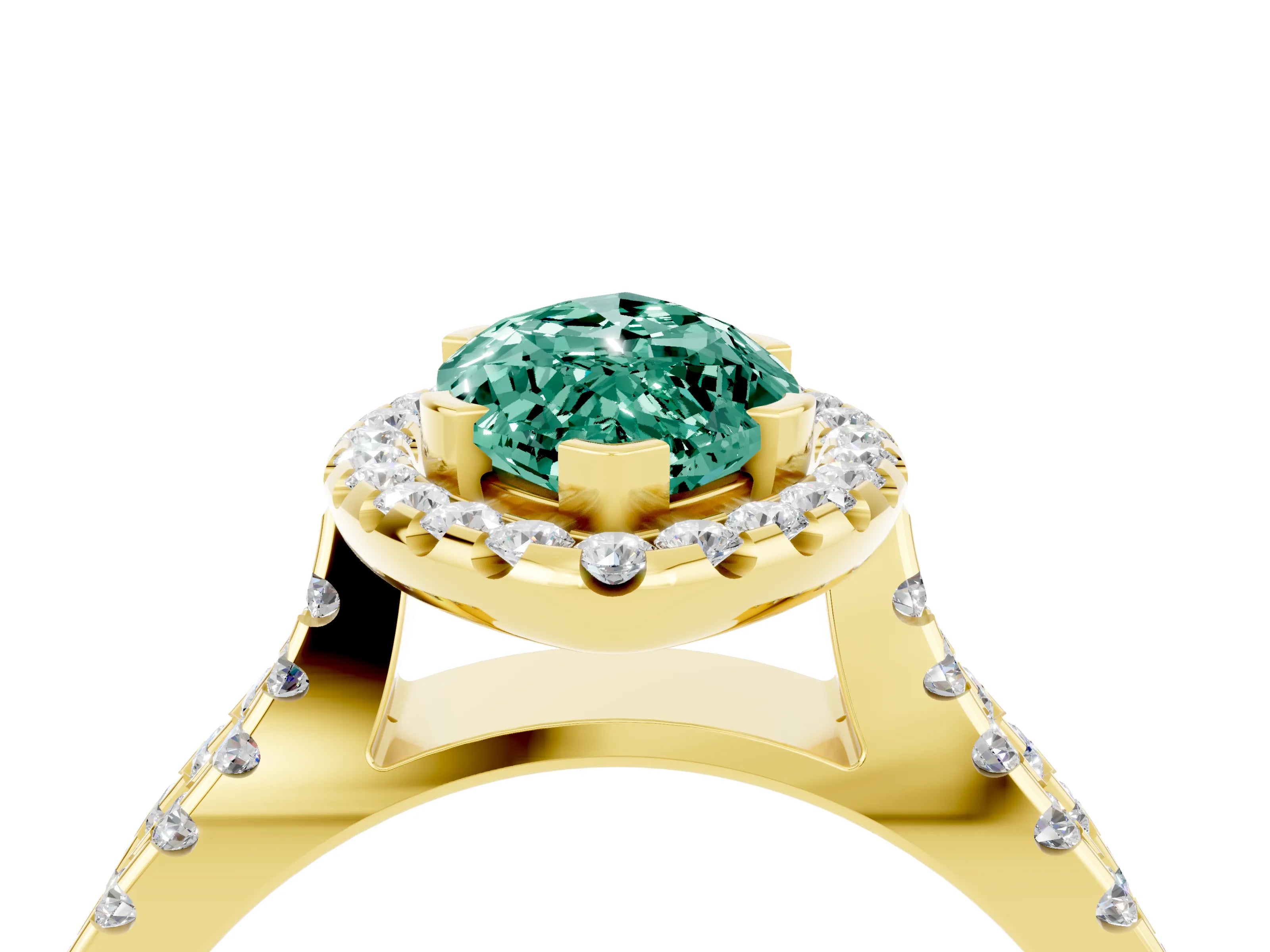 Yellow gold Marquise Cut Green Sapphire Halo Ring with Split Shank Pavé Band and Prong Setting_4