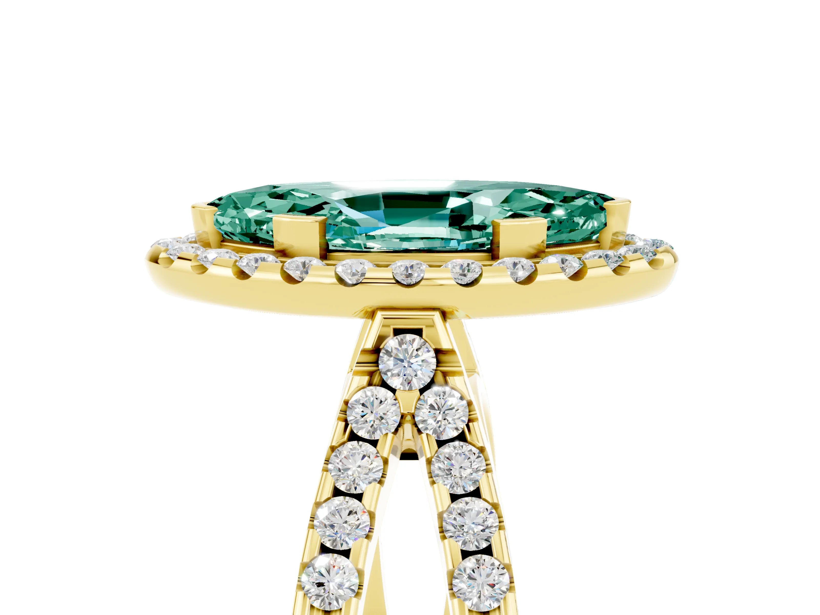 Yellow gold Marquise Cut Green Sapphire Halo Ring with Split Shank Pavé Band and Prong Setting_5