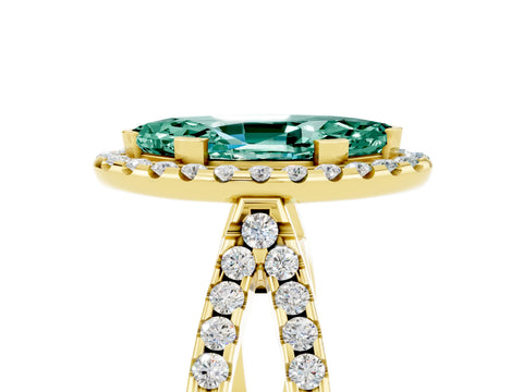 Yellow gold Marquise Cut Green Sapphire Halo Ring with Split Shank Pavé Band and Prong Setting_5