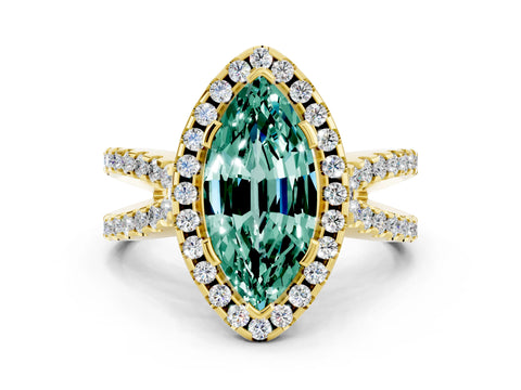 Yellow gold Marquise Cut Green Sapphire Halo Ring with Split Shank Pavé Band and Prong Setting