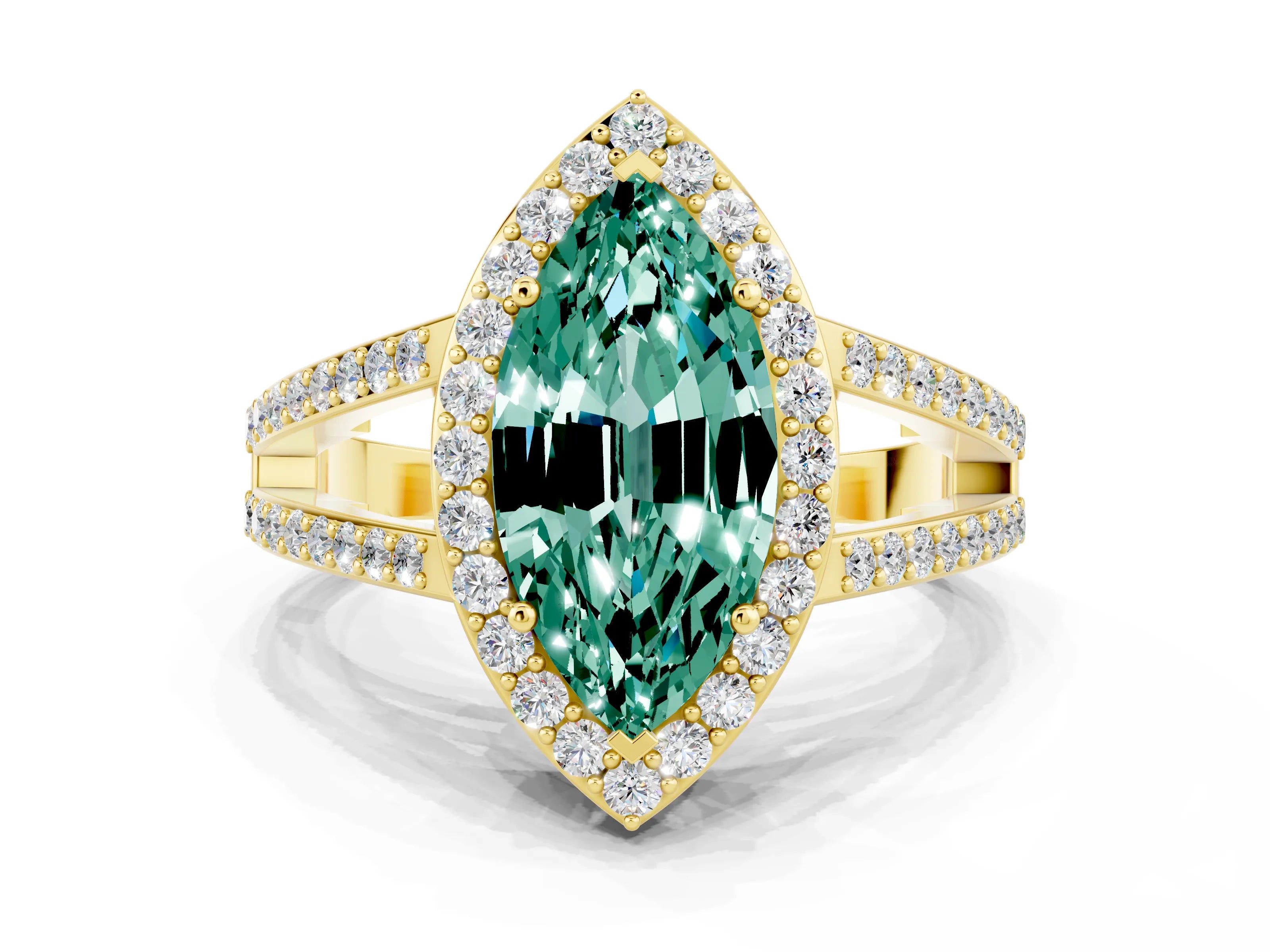 Yellow gold Marquise Cut Green Sapphire Halo Ring with Split Shank U-Prong Band and Four-Prong Setting