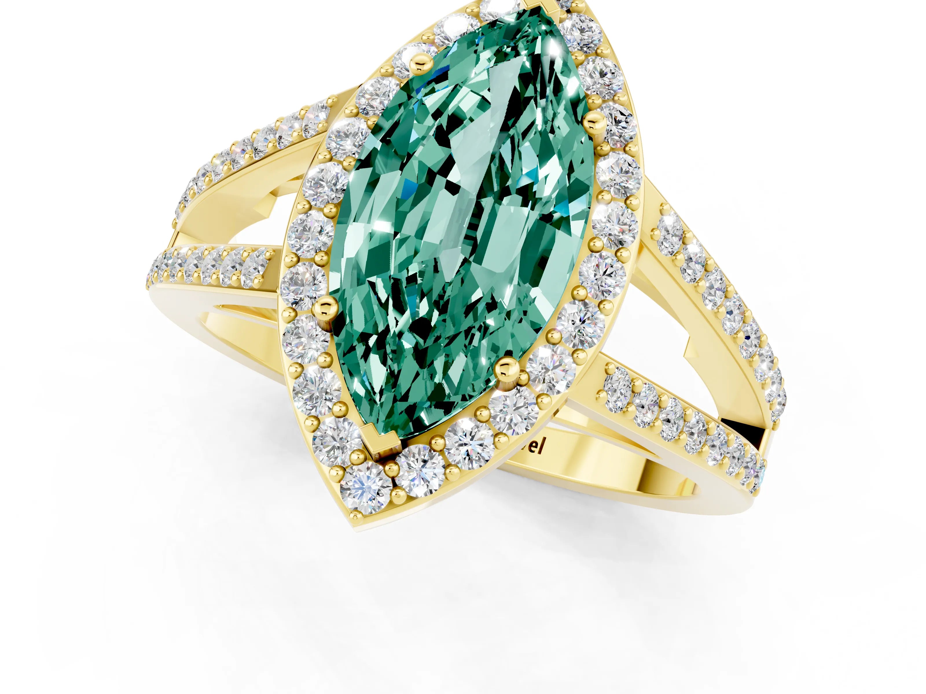 Yellow gold Marquise Cut Green Sapphire Halo Ring with Split Shank U-Prong Band and Four-Prong Setting_1