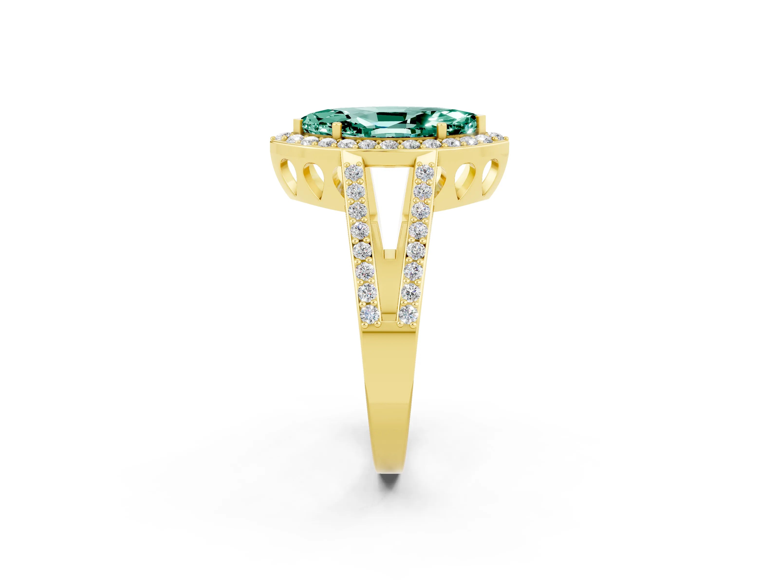 Yellow gold Marquise Cut Green Sapphire Halo Ring with Split Shank U-Prong Band and Four-Prong Setting_2