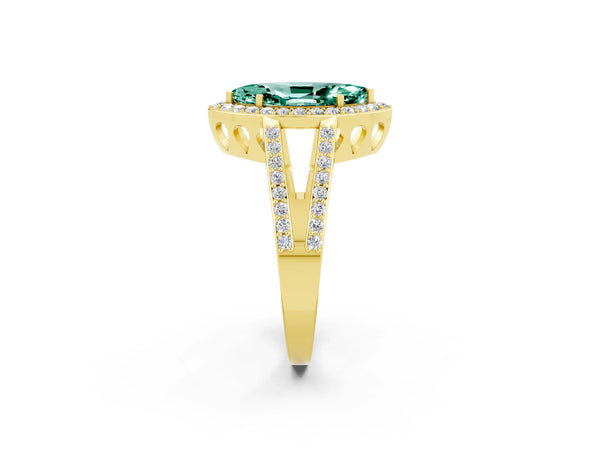Yellow gold Marquise Cut Green Sapphire Halo Ring with Split Shank U-Prong Band and Four-Prong Setting