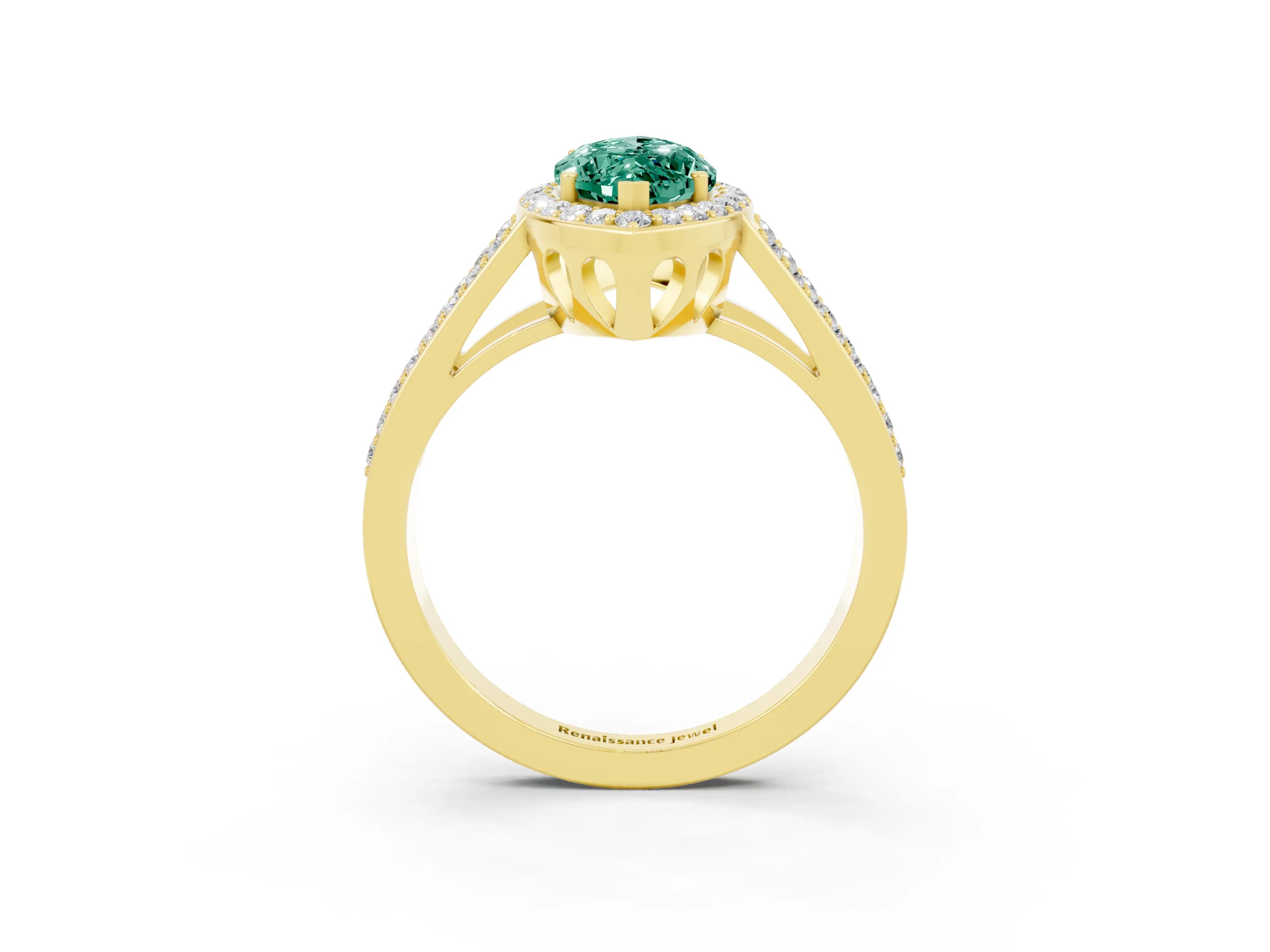 Yellow gold Marquise Cut Green Sapphire Halo Ring with Split Shank U-Prong Band and Four-Prong Setting_3