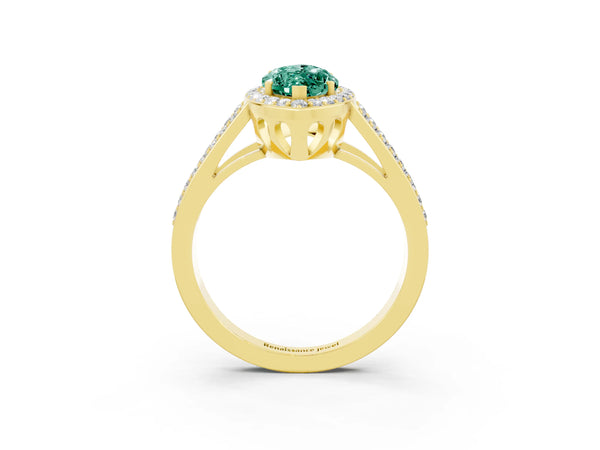 Yellow gold Marquise Cut Green Sapphire Halo Ring with Split Shank U-Prong Band and Four-Prong Setting
